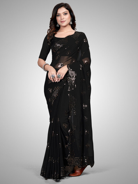 

Granthva Fab Black & Silver-Toned Embellished Sequinned Pure Georgette Ready to Wear Saree