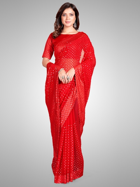 

Granthva Fab Red Embellished Sequinned Pure Georgette Ready to Wear Saree