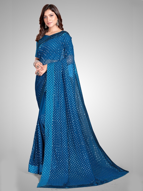 

Granthva Fab Turquoise Blue Embellished Sequinned Pure Georgette Ready to Wear Saree