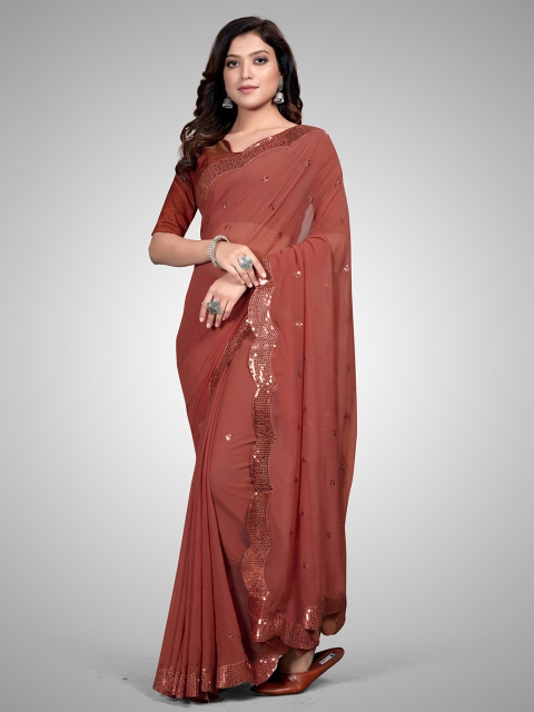 

Granthva Fab Orange Embellished Sequinned Pure Georgette Ready to Wear Saree