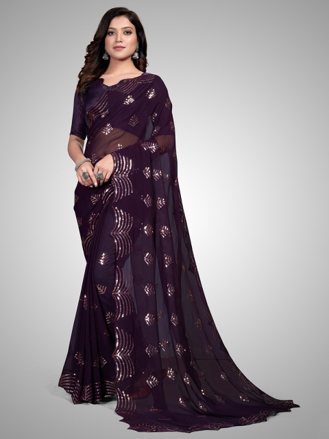 

Granthva Fab Purple Embellished Sequinned Pure Georgette Ready to Wear Saree