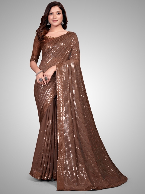 

Granthva Fab Brown Embellished Sequinned Pure Georgette Ready to Wear Saree