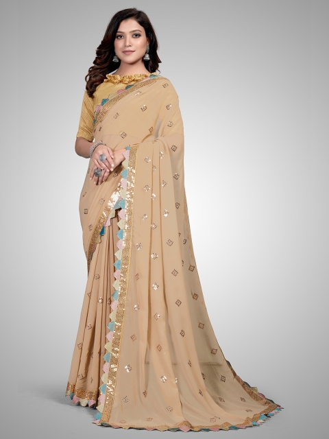 

Granthva Fab Beige Embellished Sequinned Pure Georgette Ready to Wear Saree