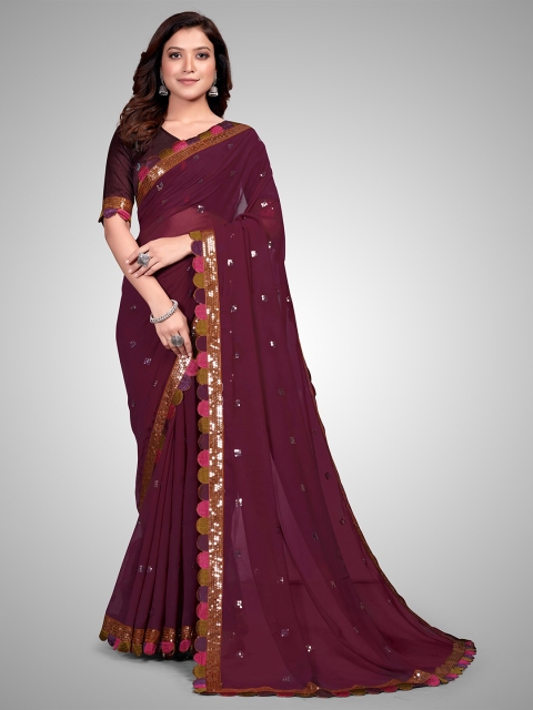 

Granthva Fab Purple Embellished Sequinned Pure Georgette Ready to Wear Saree