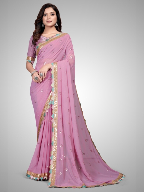 

Granthva Fab Pink & Blue Embellished Sequinned Pure Georgette Ready to Wear Saree