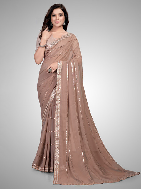 

Granthva Fab Beige Embellished Sequinned Pure Georgette Ready to Wear Saree