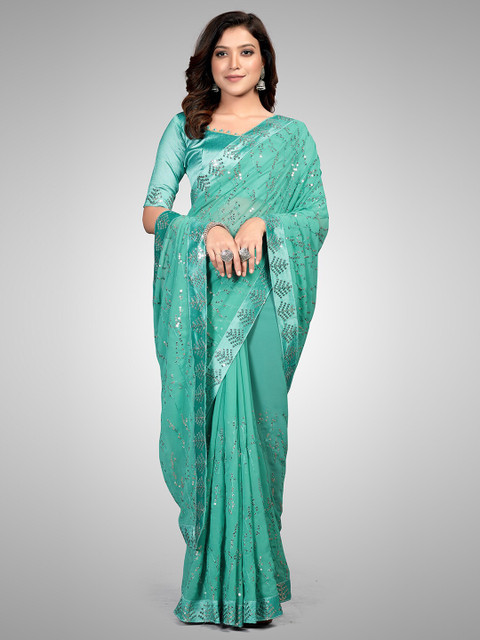 

Granthva Fab Teal Embellished Sequinned Pure Georgette Ready to Wear Saree