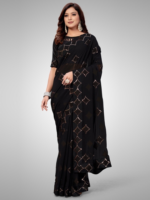 

Granthva Fab Black Embellished Sequinned Pure Georgette Ready to Wear Saree