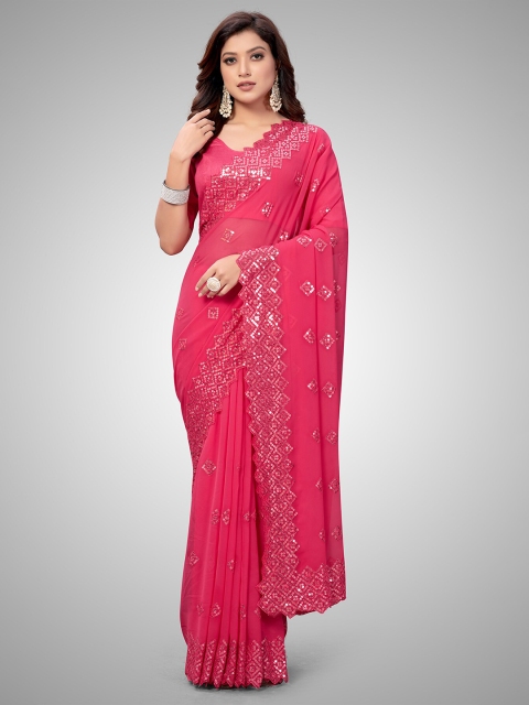 

Granthva Fab Pink Embellished Sequinned Pure Georgette Ready to Wear Saree