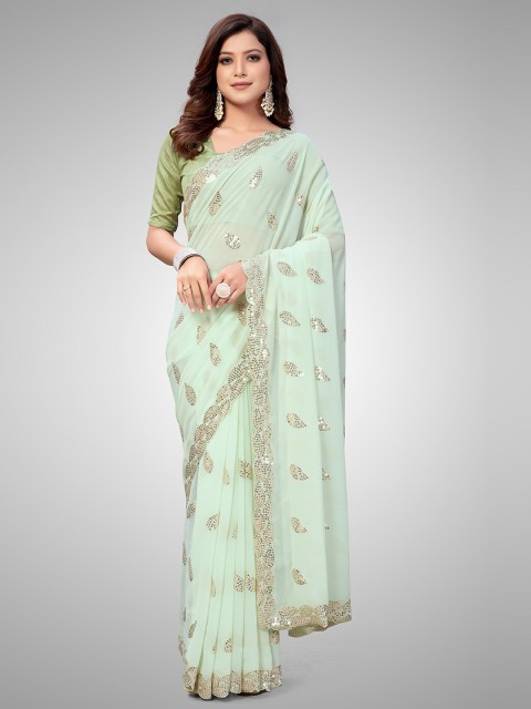 

Granthva Fab Green Embellished Sequinned Pure Georgette Ready to Wear Saree