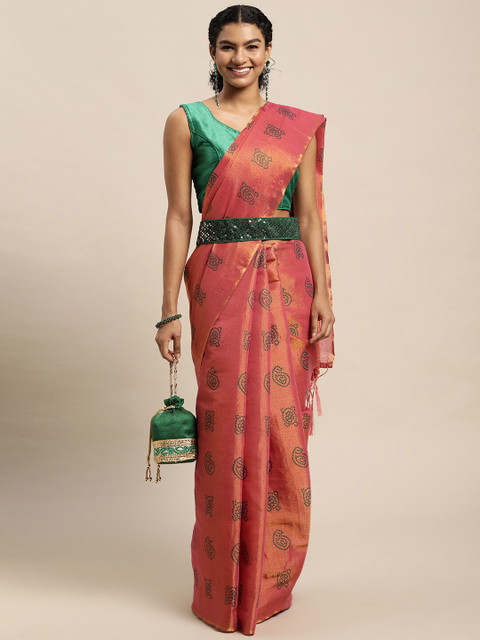 

Granthva Fab Pink & Green Woven Design Zari Silk Blend Ready to Wear Saree