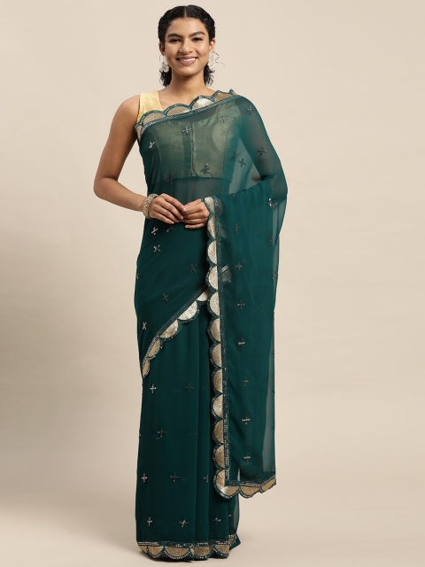 

Granthva Fab Turquoise Blue & Gold-Toned Embellished Sequinned Ready to Wear Saree