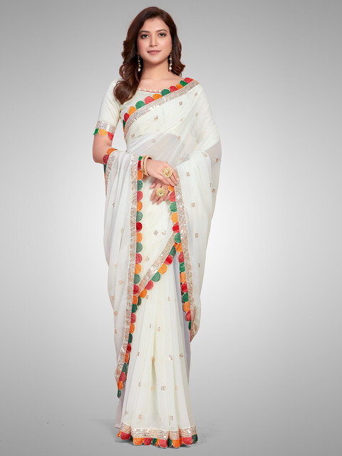 

Granthva Fab White & Green Embellished Sequinned Ready to Wear Saree