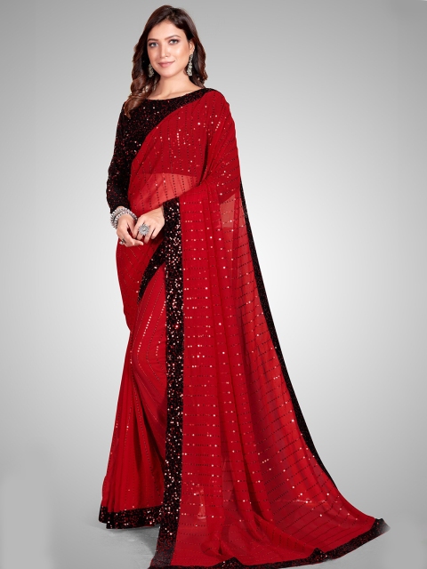 

Granthva Fab Maroon Embellished Sequinned Pure Georgette Ready to Wear Saree