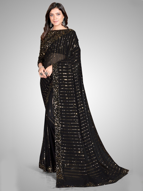 

Granthva Fab Black Embellished Sequinned Pure Georgette Ready to Wear Saree