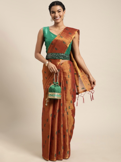 

Granthva Fab Orange Woven Design Zari Silk Blend Ready to Wear Saree