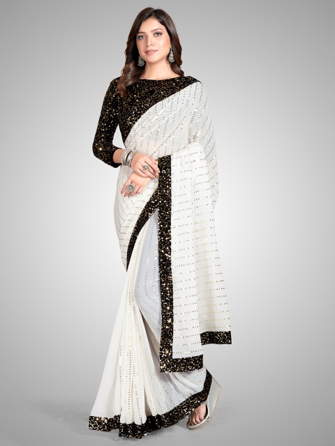

Granthva Fab White & Black Embellished Sequinned Pure Georgette Ready to Wear Saree