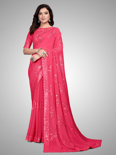 

Granthva Fab Pink Embellished Sequinned Pure Georgette Ready to Wear Saree