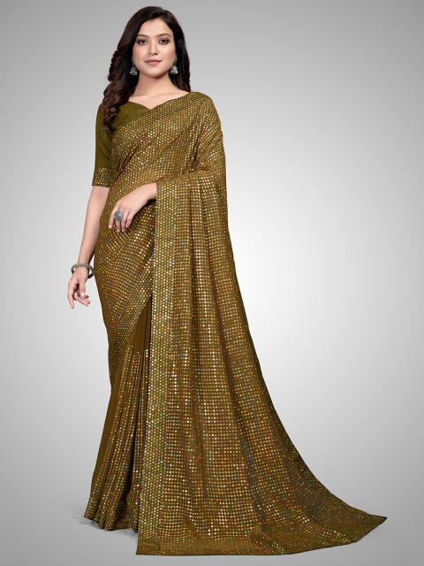 

Granthva Fab Olive Green Embellished Sequinned Pure Georgette Ready to Wear Saree