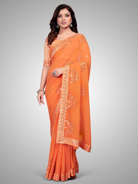 

Granthva Fab Orange Embellished Sequinned Pure Georgette Ready to Wear Saree
