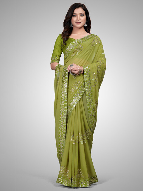 

Granthva Fab Green & Gold-Toned Embellished Sequinned Pure Georgette Ready to Wear Saree