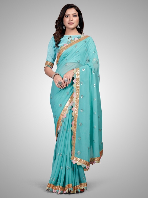 

Granthva Fab Turquoise Blue Embellished Sequinned Pure Georgette Ready to Wear Saree