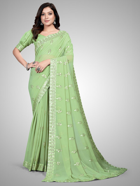 

Granthva Fab Green Embellished Sequinned Pure Georgette Ready to Wear Saree