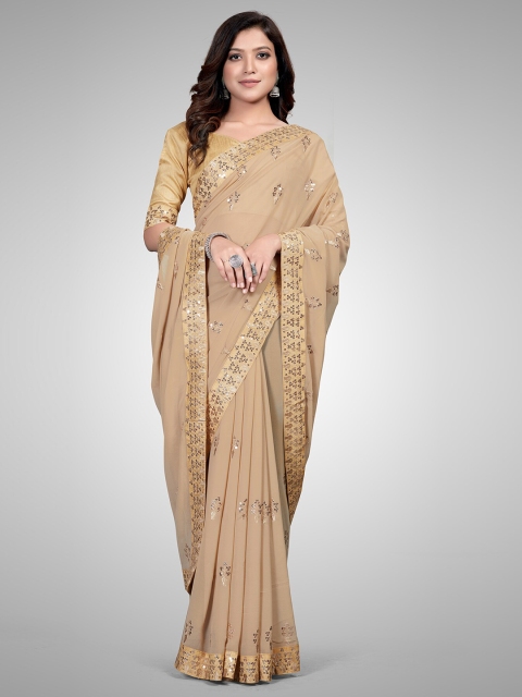 

Granthva Fab Beige Embellished Sequinned Pure Georgette Ready to Wear Saree