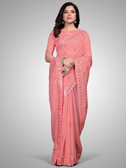 

Granthva Fab Pink Embellished Sequinned Pure Georgette Ready to Wear Saree