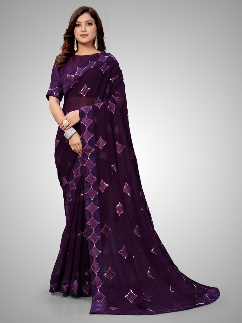 

Granthva Fab Purple Embellished Sequinned Pure Georgette Ready to Wear Saree