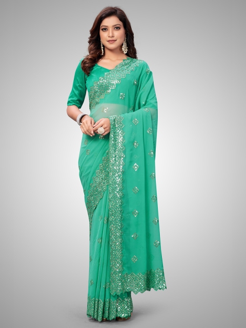 

Granthva Fab Green Embellished Sequinned Pure Georgette Ready to Wear Saree