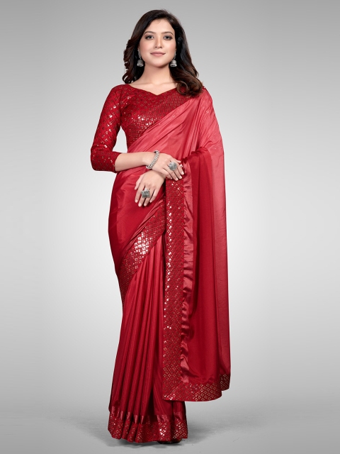 

Granthva Fab Red Embellished Sequinned Silk Blend Ready to Wear Saree