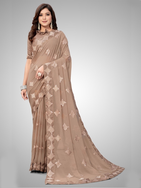 

Granthva Fab Beige Embellished Sequinned Pure Georgette Ready to Wear Saree