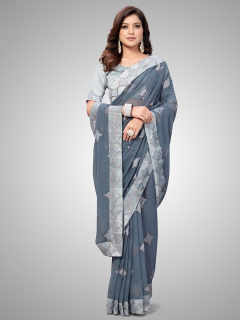 

Granthva Fab Grey Embellished Sequinned Pure Georgette Ready to Wear Saree