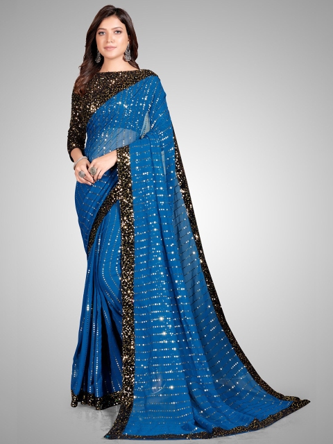 

Granthva Fab Turquoise Blue Embellished Sequinned Pure Georgette Ready to Wear Saree