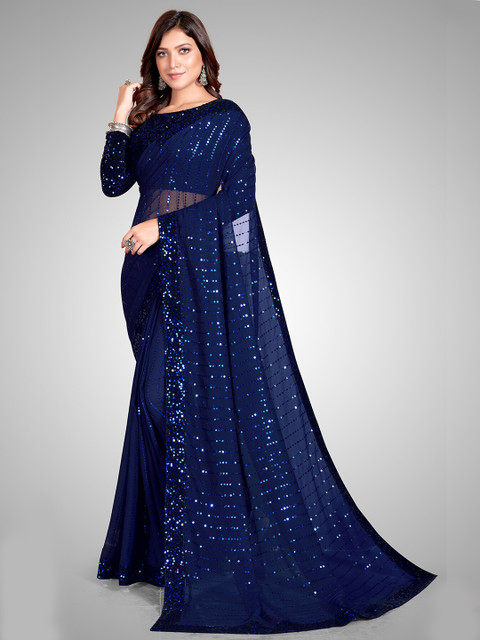 

Granthva Fab Blue Embellished Sequinned Pure Georgette Ready to Wear Saree