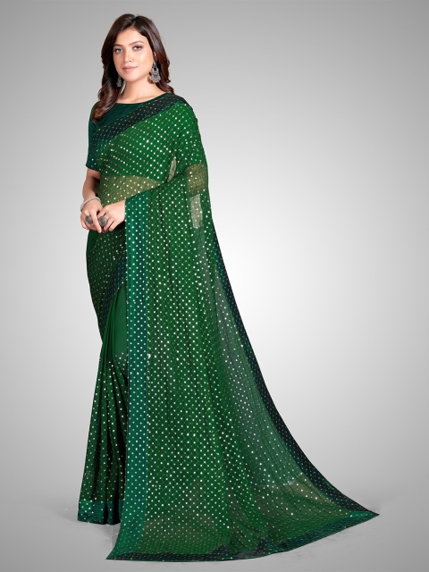 

Granthva Fab Green Embellished Sequinned Pure Georgette Ready to Wear Saree