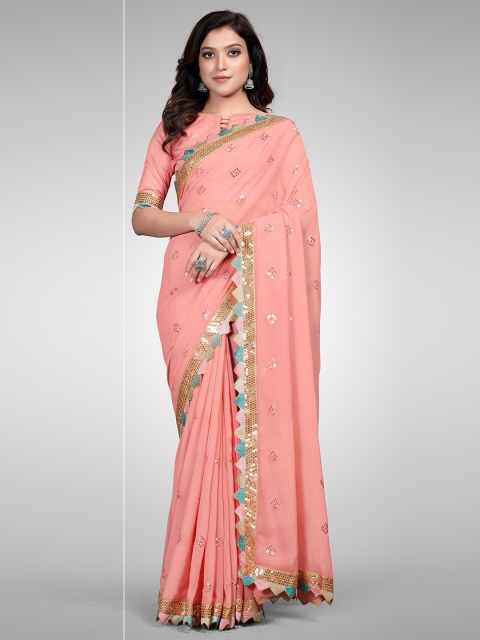 

Granthva Fab Peach-Coloured Embellished Sequinned Pure Georgette Ready to Wear Saree