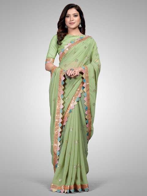 

Granthva Fab Green Embellished Sequinned Pure Georgette Ready to Wear Saree