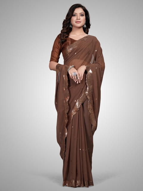 

Granthva Fab Brown Embellished Sequinned Pure Georgette Ready to Wear Saree