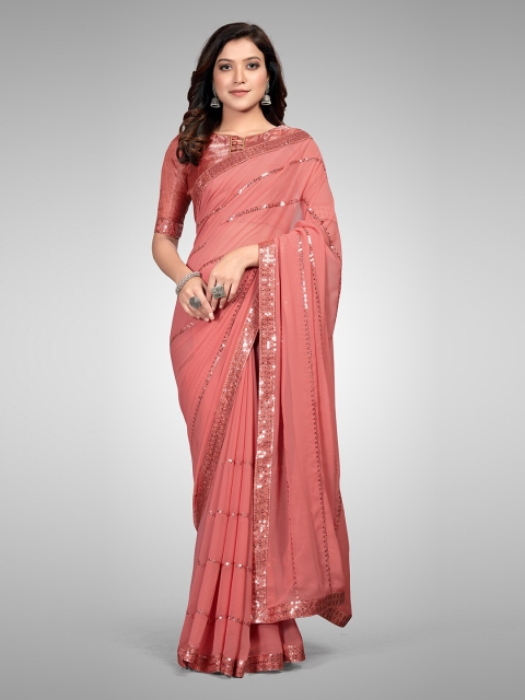 

Granthva Fab Pink Embellished Sequinned Pure Georgette Ready to Wear Saree