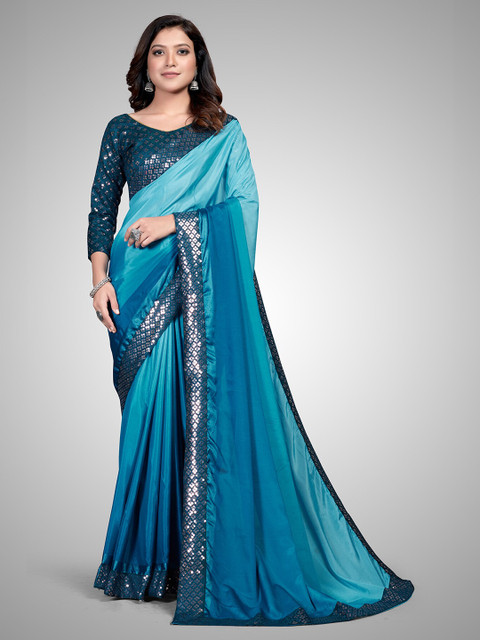 

Granthva Fab Turquoise Blue & Green Embellished Sequinned Silk Blend Ready to Wear Saree