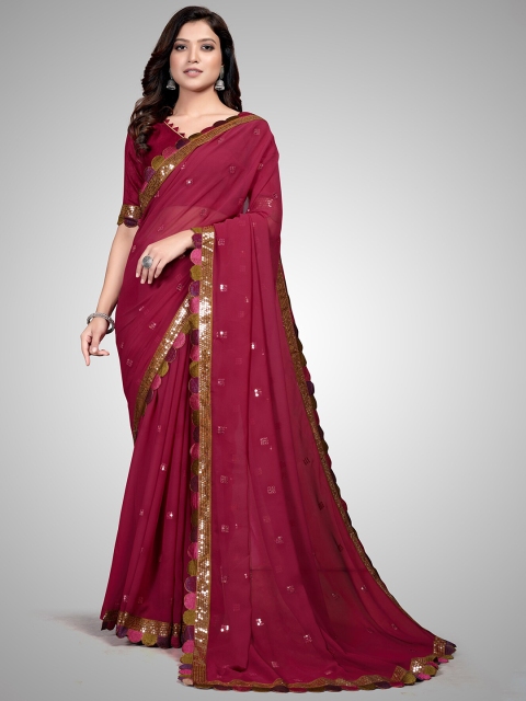 

Granthva Fab Burgundy Embellished Sequinned Pure Georgette Ready to Wear Saree