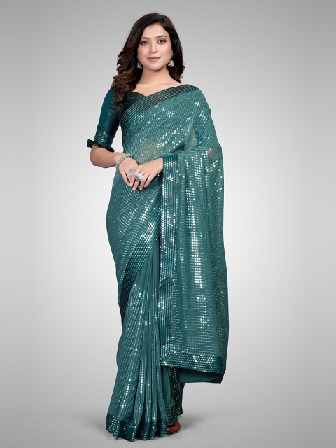 

Granthva Fab Teal Embellished Sequinned Pure Georgette Ready to Wear Saree