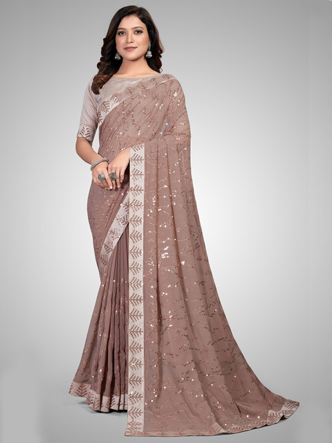 

Granthva Fab Beige Embellished Sequinned Pure Georgette Ready to Wear Saree