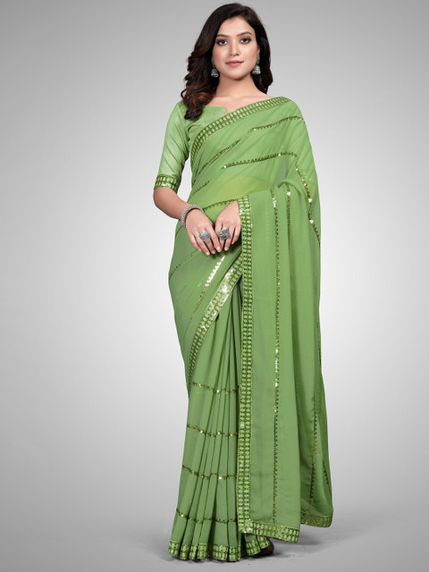 

Granthva Fab Green Embellished Sequinned Pure Georgette Ready to Wear Saree
