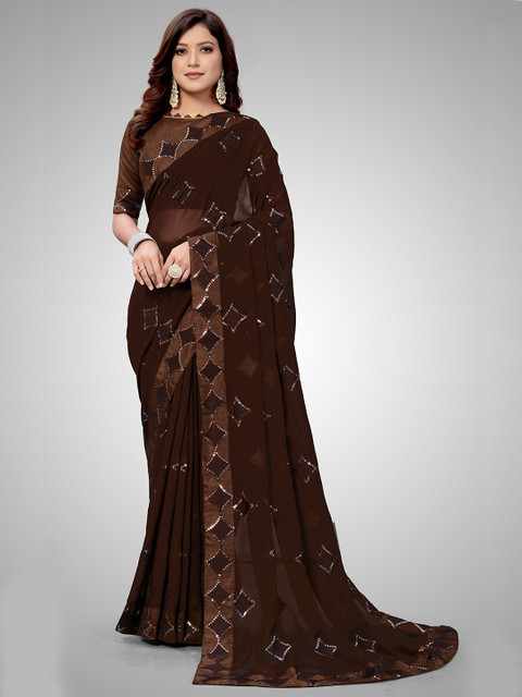 

Granthva Fab Brown Embellished Sequinned Pure Georgette Ready to Wear Saree