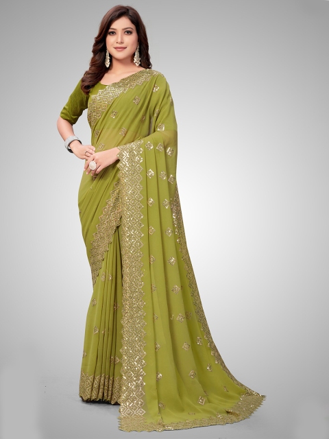 

Granthva Fab Olive Green & Gold-Toned Embellished Sequinned Pure Georgette Ready to Wear Saree