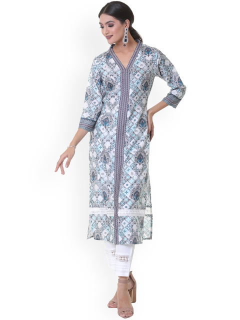 

HEEPOSH Women White Ethnic Motifs Printed Mirror Work Block Print Kurta