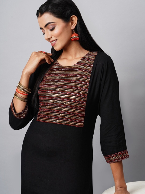 INDYES Women Black Yoke Design Sequins Embellished Straight Kurta